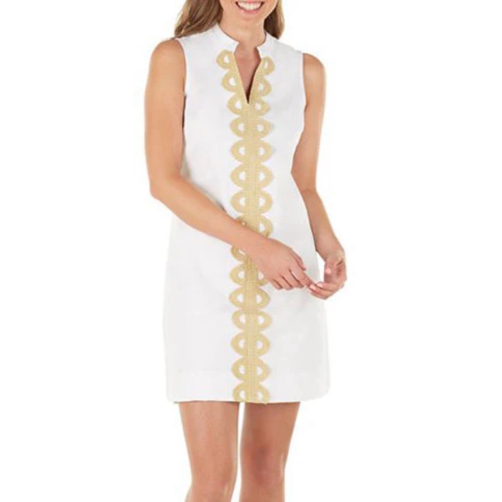 LN Mud Pie white cotton V neck shift dress w/gold embroidered embellishments.